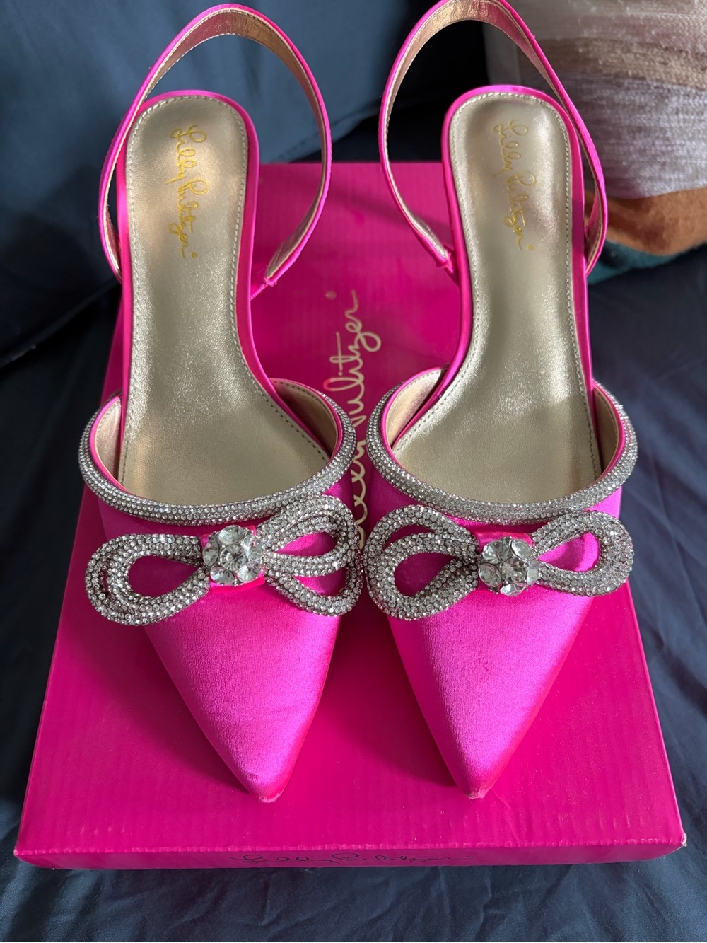 Lilly Pulitzer Hot Pink Crystal Bow Pointed Slingback Heels